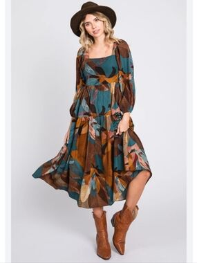 Modern Boho Leaf Print Tiered Midi Dress Square Neck Teal Brown Womens Size L